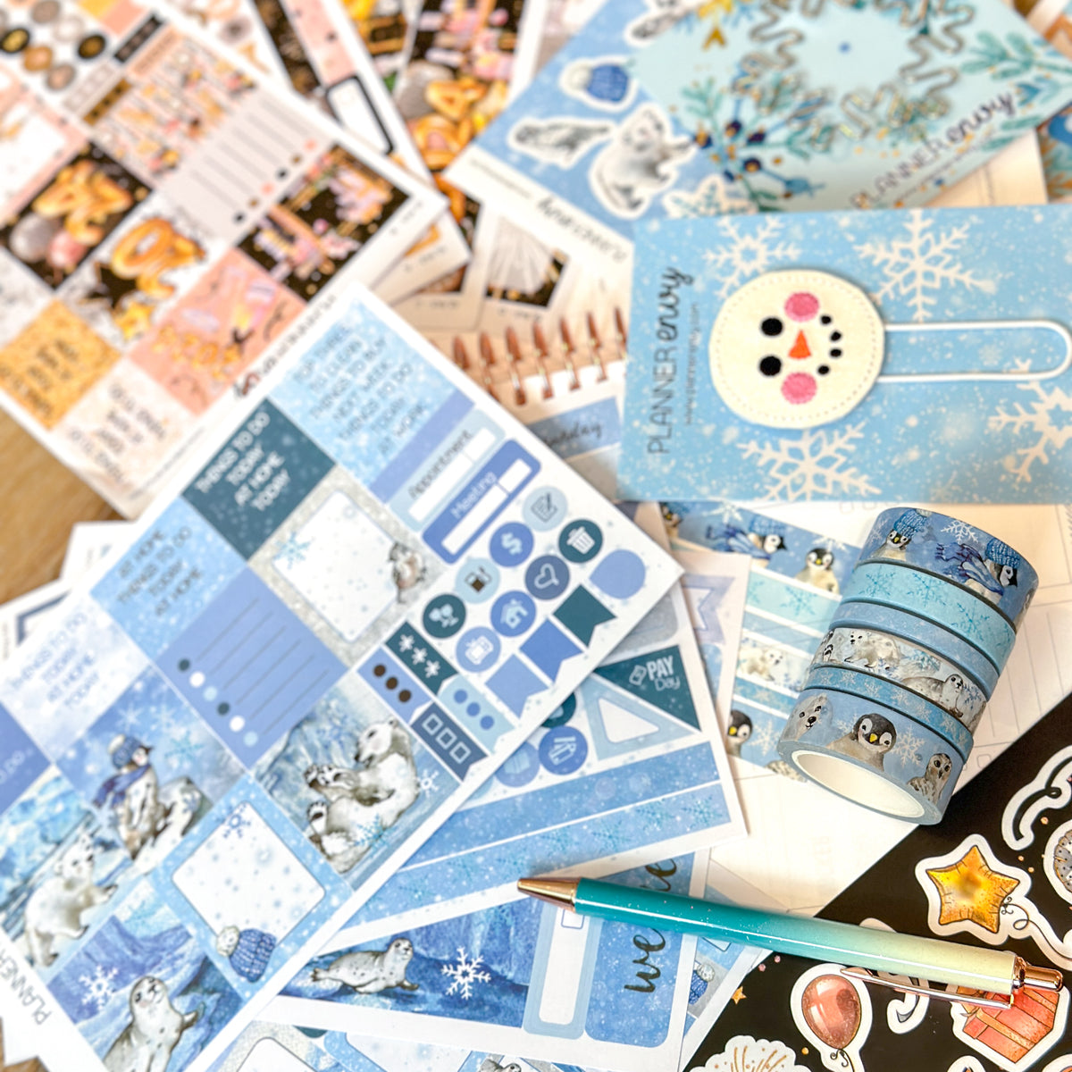 Snowman NYE New Years Snowflakes Snow Animals Forest. January 2024 Planner Envy Subscription Box.
