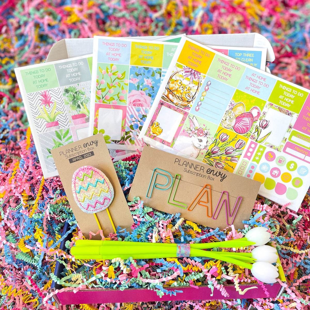 Spring Easter Flowers Floral Bunnies Chicks Tulips Mint Green and Pink Paperclips Flower Pens. April 2023 Planner Envy Subscription Box.