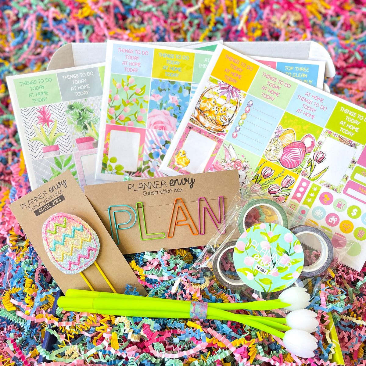 Spring Easter Flowers Floral Bunnies Chicks Tulips Mint Green and Pink Paperclips Flower Pens. April 2023 Planner Envy Subscription Box.