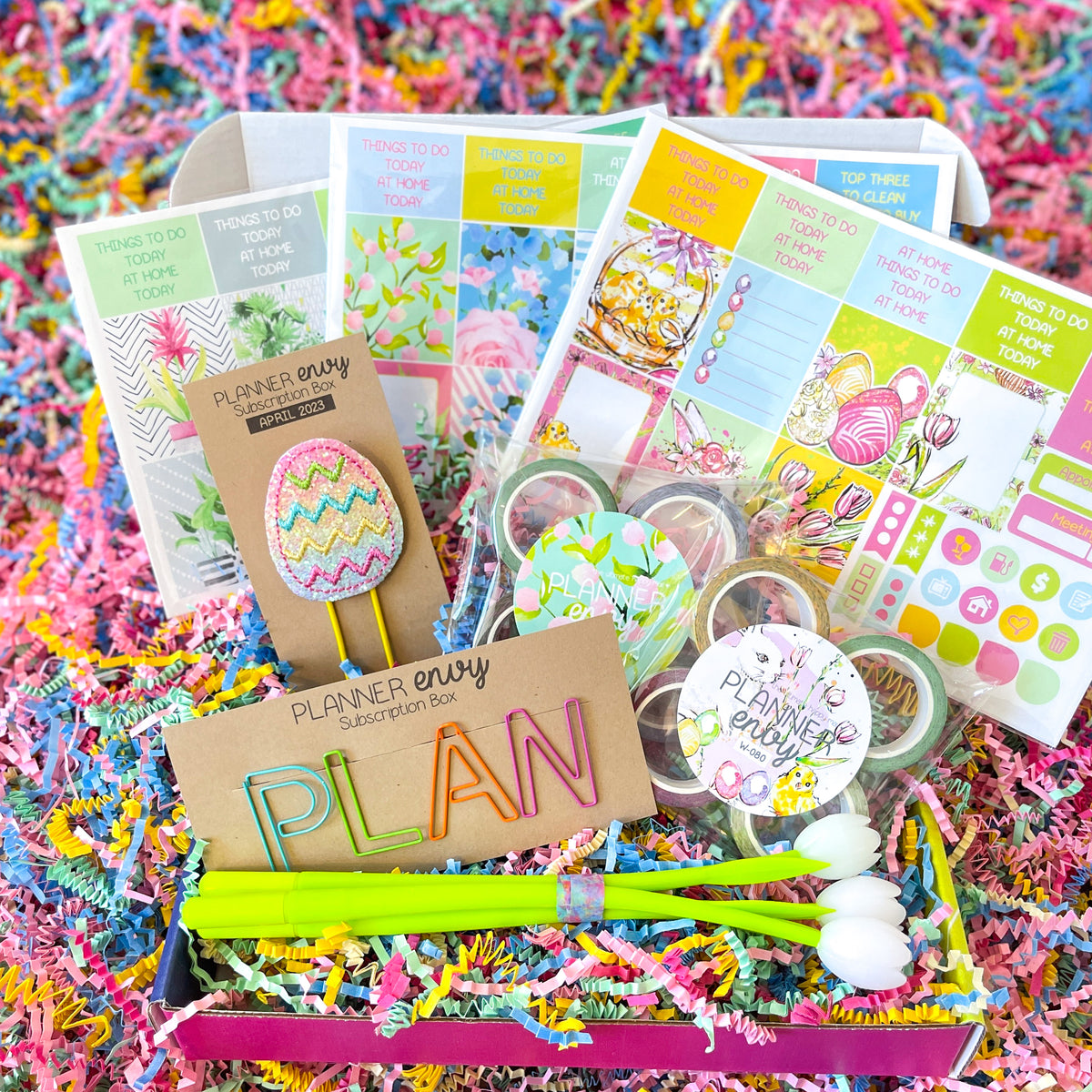 Spring Easter Flowers Floral Bunnies Chicks Tulips Mint Green and Pink Paperclips Flower Pens. April 2023 Planner Envy Subscription Box.