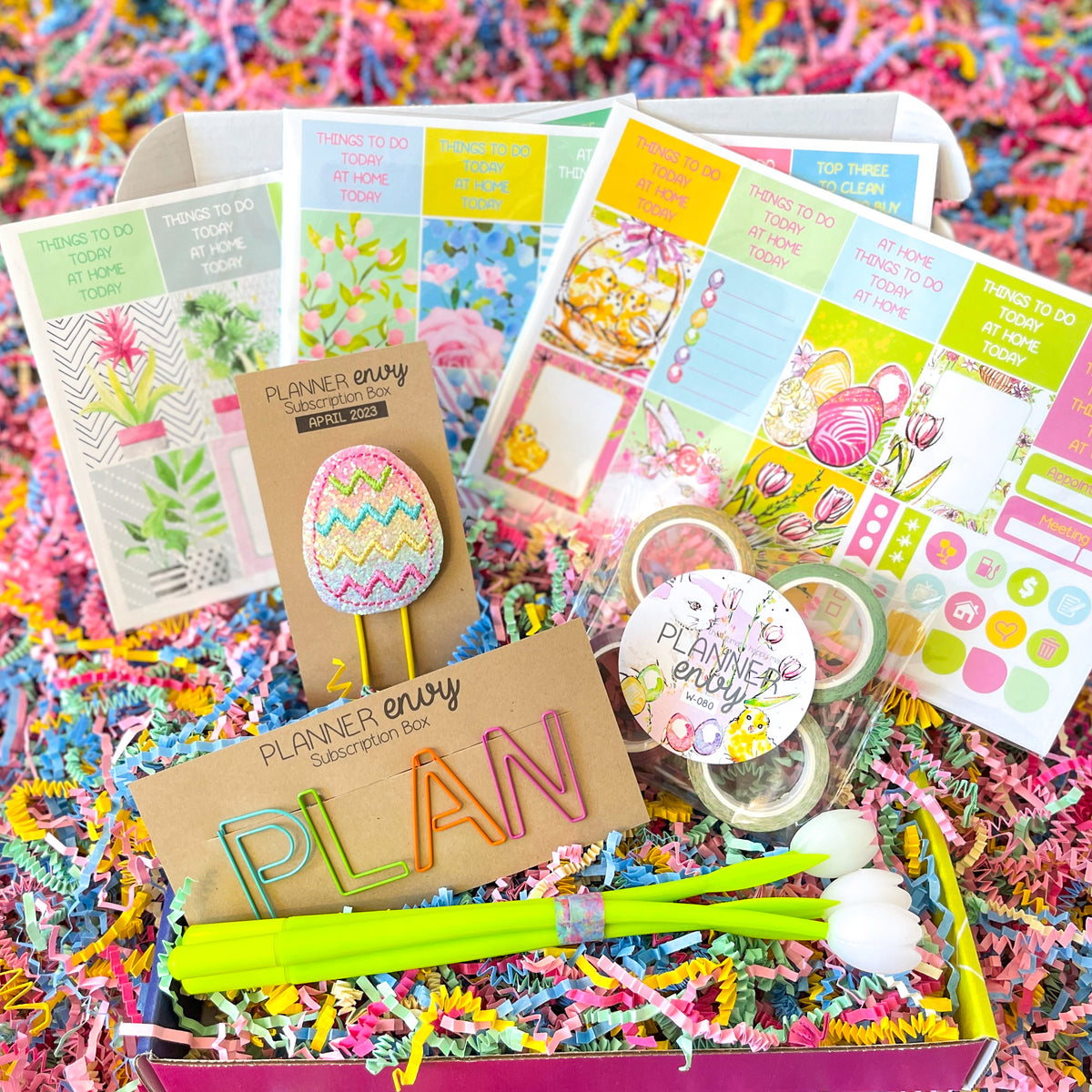 Spring Easter Flowers Floral Bunnies Chicks Tulips Mint Green and Pink Paperclips Flower Pens. April 2023 Planner Envy Subscription Box.