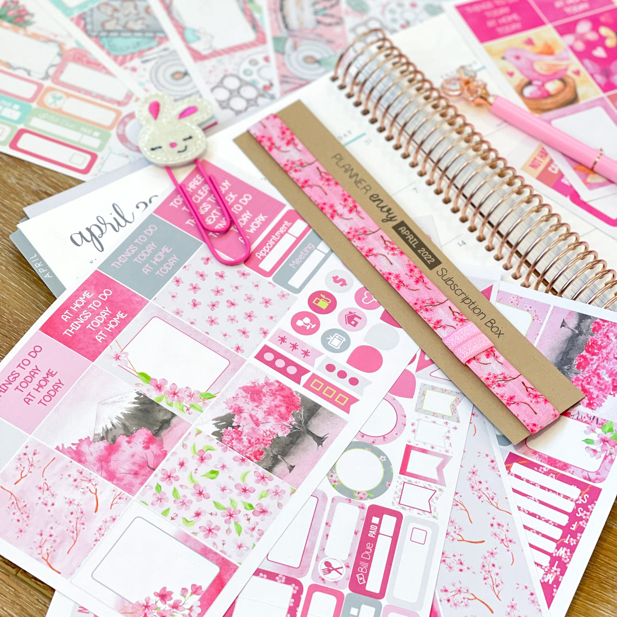 Spring Cherry Blossoms Easter Pink Bunnies Washi Tape Butterfly Pen April 2022 Planner Envy Subscription Box.