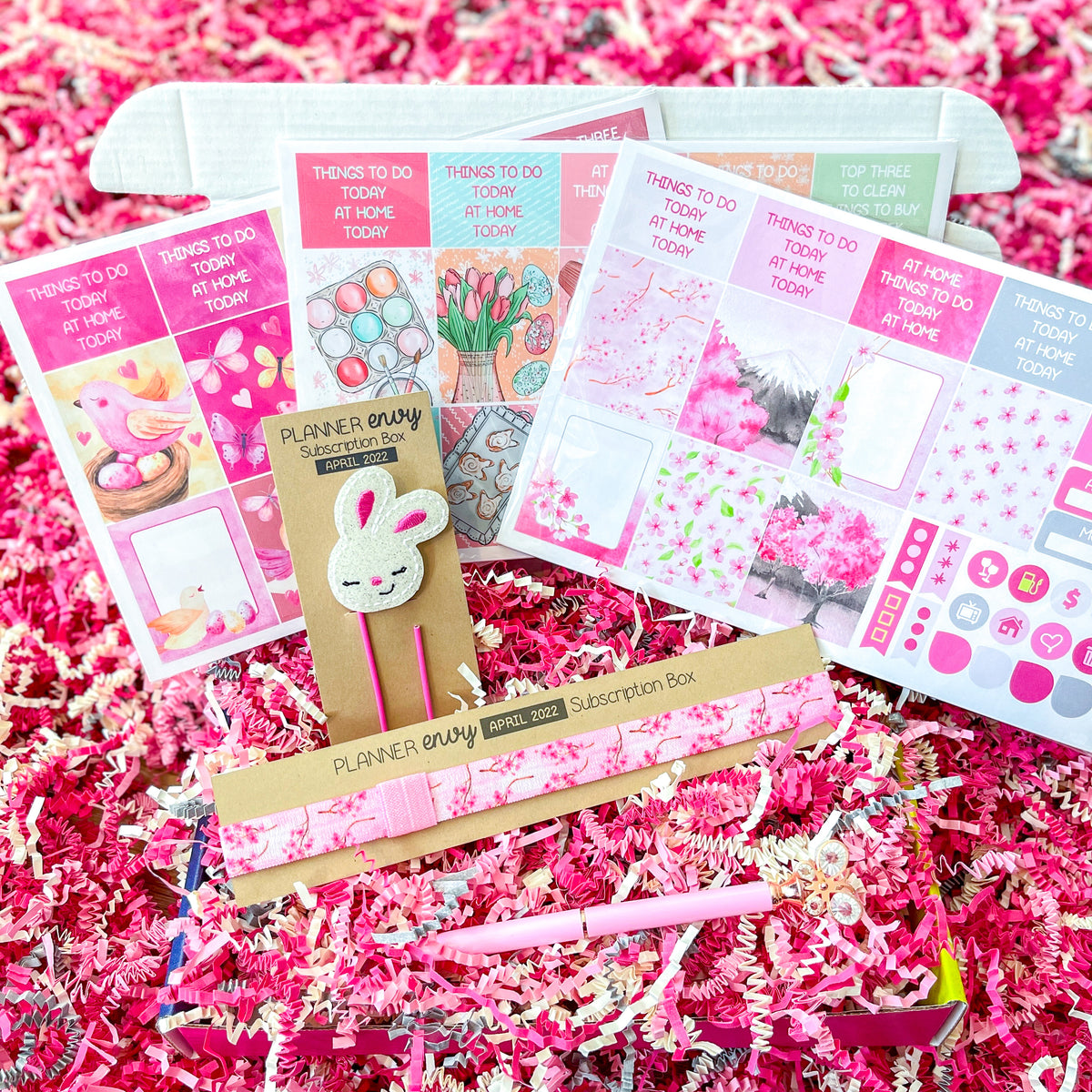 Spring Cherry Blossoms Easter Pink Bunnies Washi Tape Butterfly Pen April 2022 Planner Envy Subscription Box.