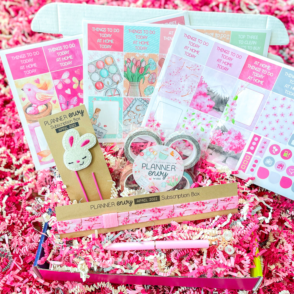 Spring Cherry Blossoms Easter Pink Bunnies Washi Tape Butterfly Pen April 2022 Planner Envy Subscription Box.