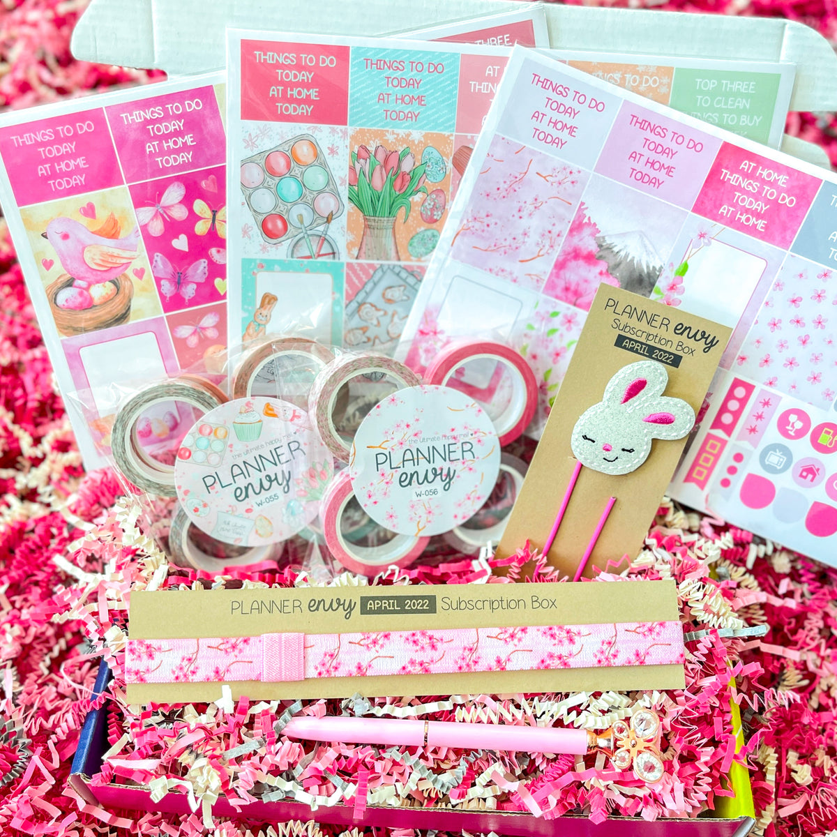 Spring Cherry Blossoms Easter Pink Bunnies Washi Tape Butterfly Pen April 2022 Planner Envy Subscription Box.