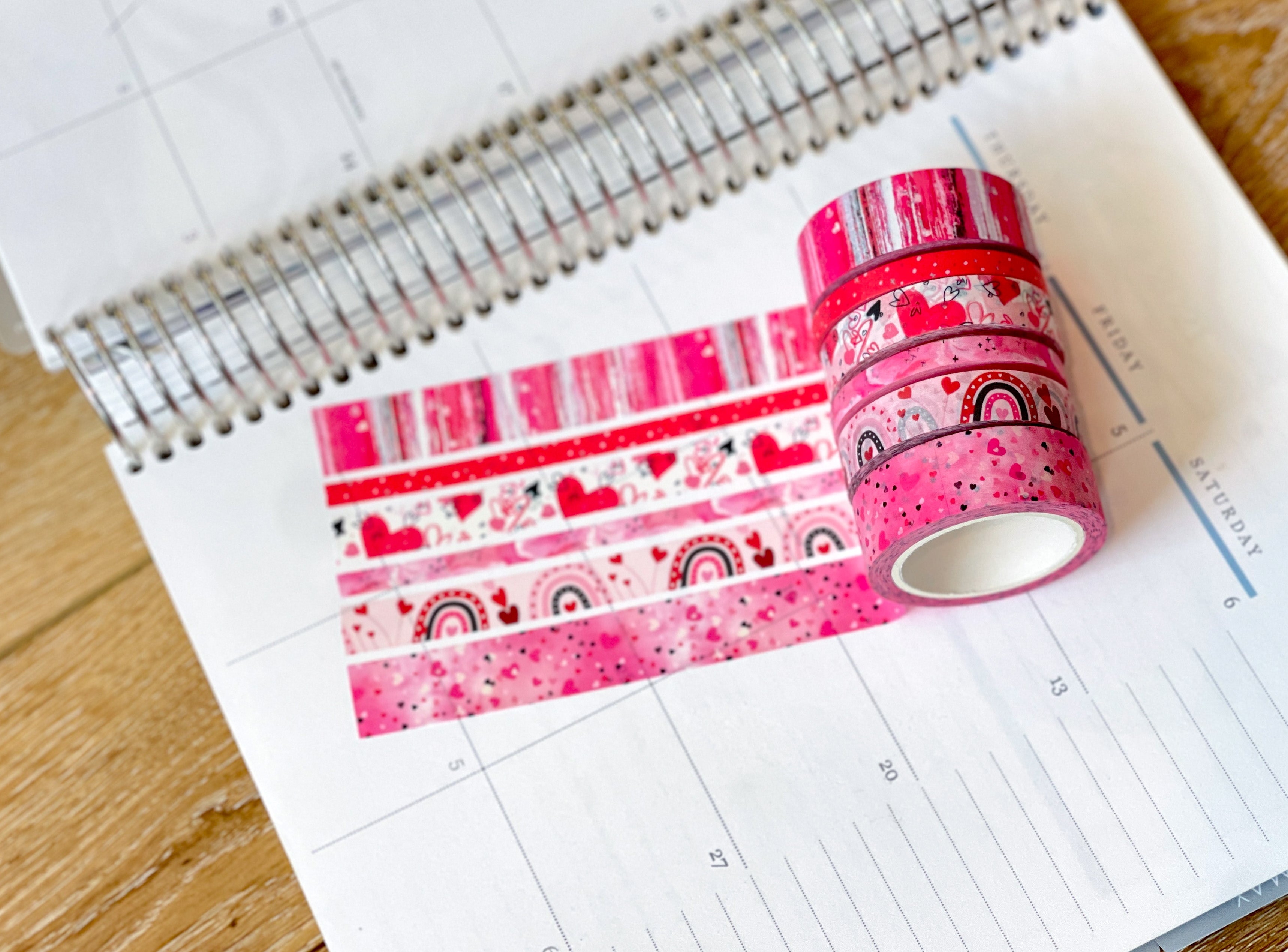 Valentine's Red & Pink Herts Boho Stripes Watercolor Washi Tape Set (#W076)