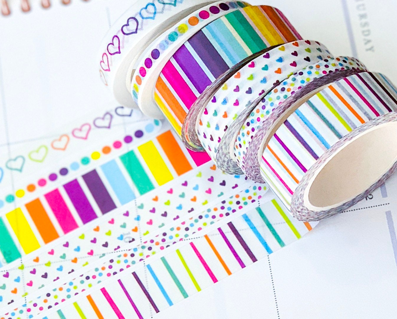 Rainbow Hearts & Stripes Polka Dots Washi Tape Set (#W001)