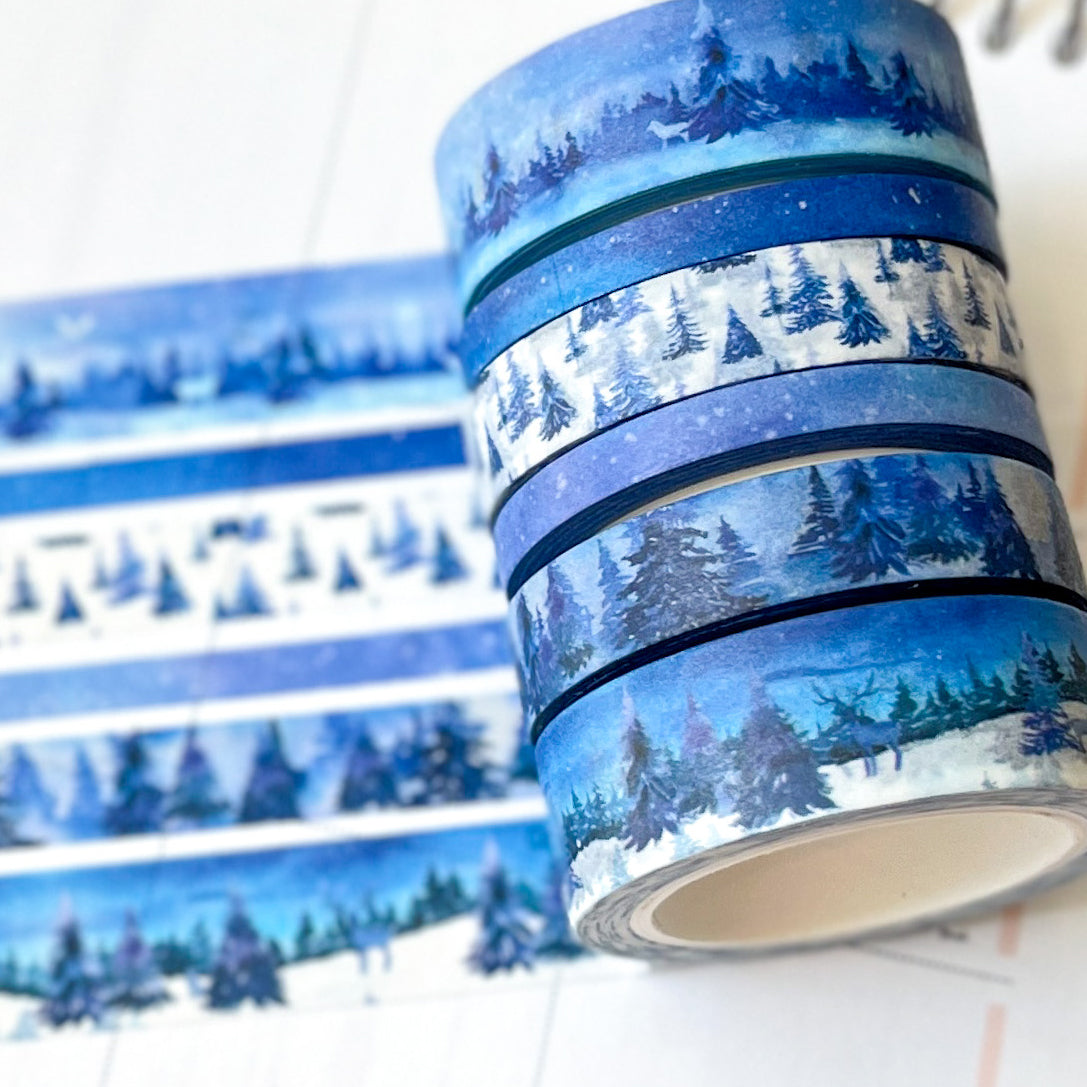 Winter Snowman Snowy Trees Forest Periwinkle Washi Tape Set (#W006)